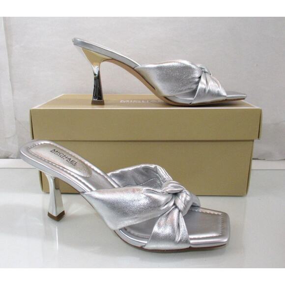 Michael Kors Elena Heeled Slide Sandal Knotted Strap Leather Silver - Picture 3 of 7